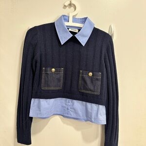 Sandro NWT Navy Knit Sweater with blue collar